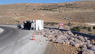 Patates yüklü kamyon devrildi