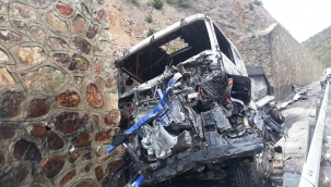 Kaza yapan TIR yandı sürücüsü yaralandı