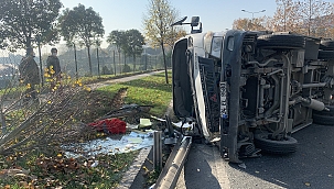 Kamyonet çimenlik alana devrildi