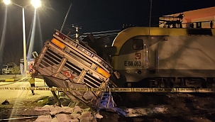 Hemzemin geçitte yük treni tırı biçti