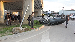 Trafik lambasına çarpıp ters döndü 