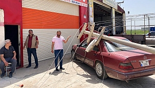 Elektrik direği otomobilin üzerine devrildi 