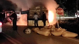 Fındık dolu kamyon alev alev yandı 