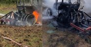 Tarla sürerken yanan traktör küle döndü