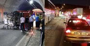Tünelde kamyon devrildi, metrelerce araç kuyruğu oluştu