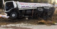 Yoldan çıkan kamyon devrildi: 2 yaralı